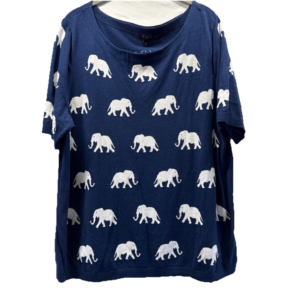 Talbots Women's Sweater 2X Blue Elephants Short Sleeves Pullover Cotton‎ Blend